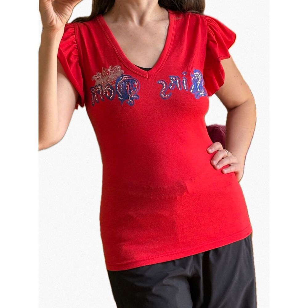 Y2K McBling Graphic Baby Tee Red Rhinestone Crown V Neck Ruffle Club Rave Lion S - Picture 7 of 9